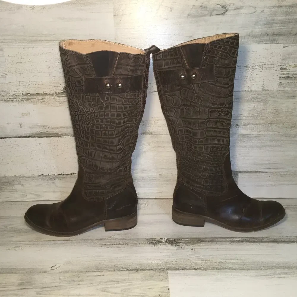 Lucchese Spirit Bailey Croc Embossed Leather Riding Boot Womens 6 Brown Tall